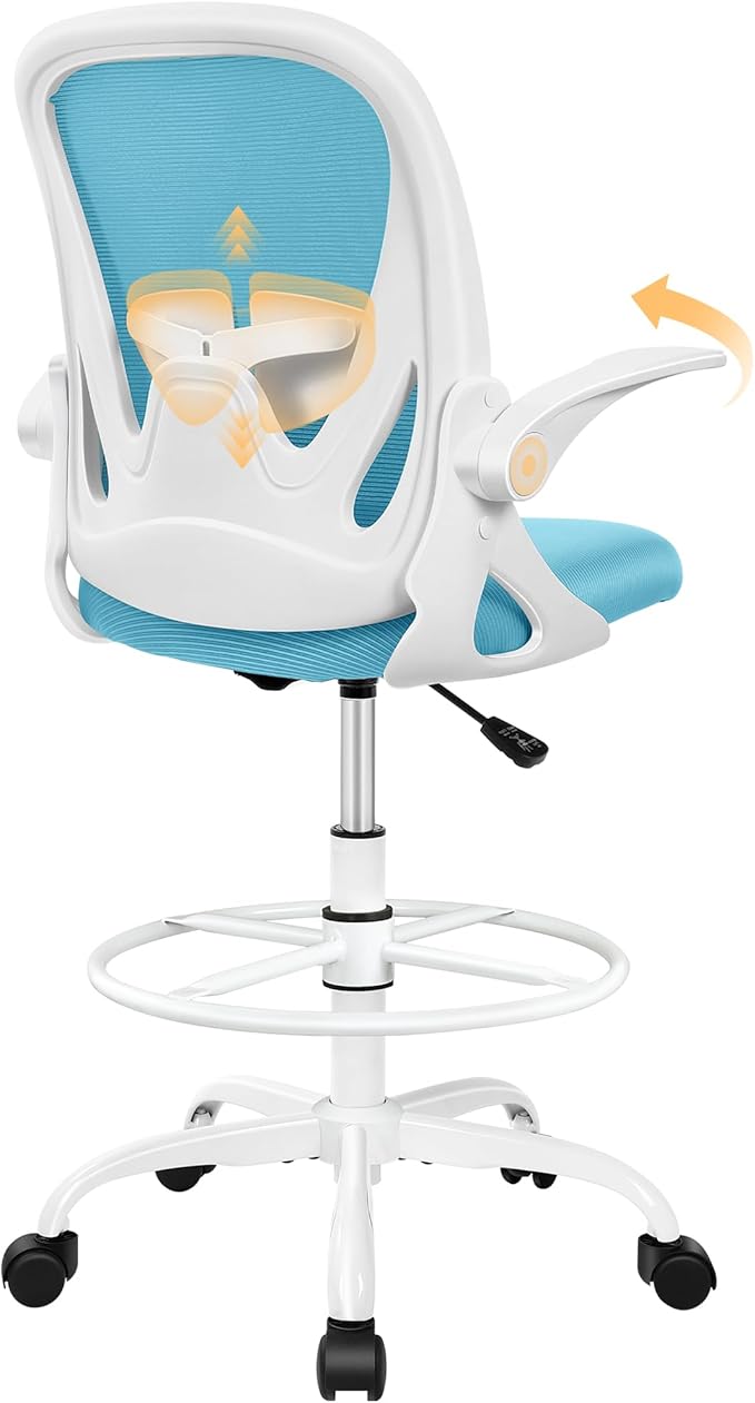 Primy Drafting Chair Tall Office Chair with Flip-up Armrests Executive Ergonomic Computer Standing Desk Chair with Lumbar Support and Adjustable Footrest Ring（Blue）