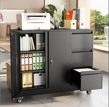 47" Rolling File Storage Locker Cabinet with 3-Drawer，Office Storage Cabinet with Adjustable Shelf & Universal Wheels, Mobile Printer Stand for Home Office, Living Dining Room,Black