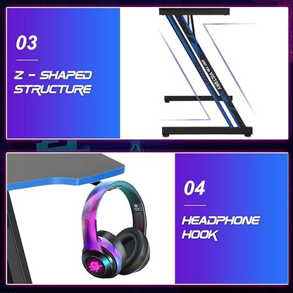 BestOffice Gmaing Desk Z Shaped 47 inch Gaming Workstation Ergonomic Gaming Table PC Computer Desk with Headphone Hook for Game Players, Blue