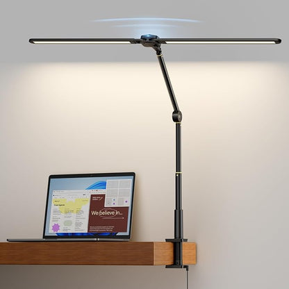 Desk Lamps for Home Office, Sensor Switch Dual Lamp Head | 270° Rotatable & Extendable Aluminum Alloy Arm, Eye-Caring, 24W Dimmable 3 Color Modes Desk Light with Clamp