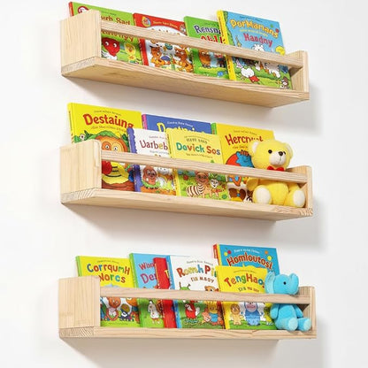 AZSKY 24 Inch Natural Pine Wood Floating Shelves, Nursery Book Shelves for Kids, Wall Mounted Bookshelves for Playroom Decor Set of 3, Bookshelf with Anti-tip Bar for Bedroom Living Room(Paintable)