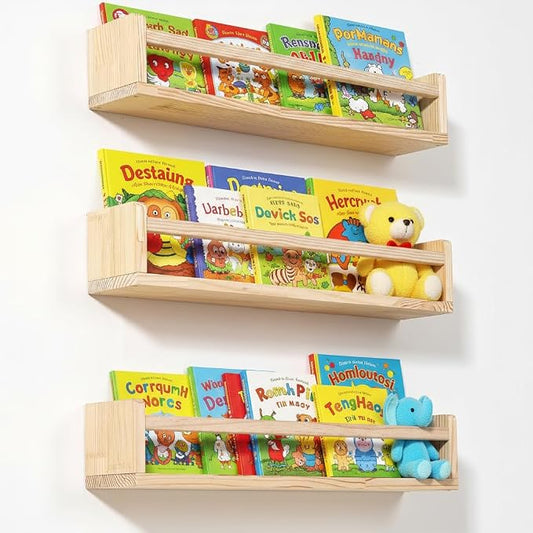 AZSKY 24 Inch Natural Pine Wood Floating Shelves, Nursery Book Shelves for Kids, Wall Mounted Bookshelves for Playroom Decor Set of 3, Bookshelf with Anti-tip Bar for Bedroom Living Room(Paintable)