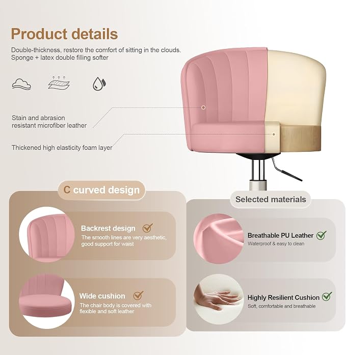 Small Desk Chair Round Rolling Chair with Back PU Leather Height Adjustable Swivel Vanity Work Computer Stool Chair for Home Office Bedroom, Set of 2