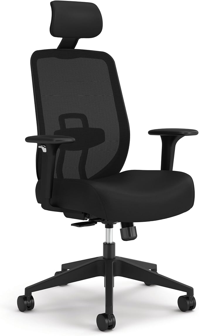 HON Altern Ergonomic Office Chair with Headrest, Mid‑Back Mesh Desk Chair, Adjustable Arms, Seat Slide, Synchro‑Tilt, Rolling Computer Seat for Home Office, Black Frame, Black