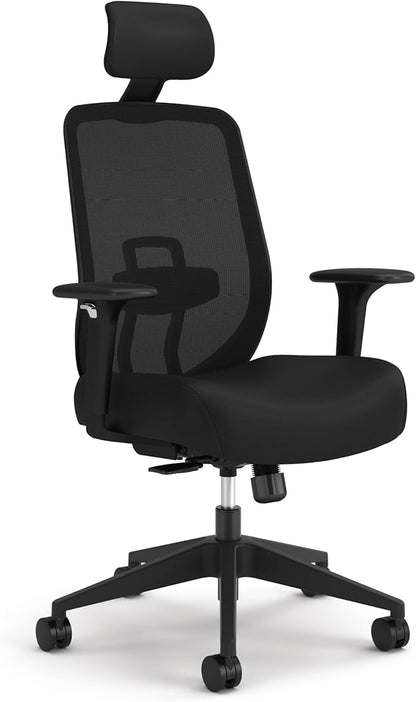 HON Altern Ergonomic Office Chair with Headrest, Mid‑Back Mesh Desk Chair, Adjustable Arms, Seat Slide, Synchro‑Tilt, Rolling Computer Seat for Home Office, Black Frame, Black