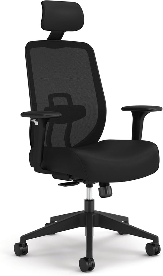 HON Altern Ergonomic Office Chair with Headrest, Mid‑Back Mesh Desk Chair, Adjustable Arms, Seat Slide, Synchro‑Tilt, Rolling Computer Seat for Home Office, Black Frame, Black