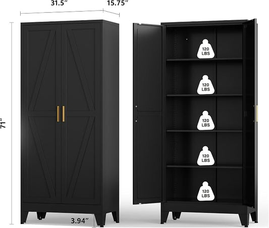 Metal Kitchen Pantry Cabinet,71" Black Farmhouse Storage Cabinet with 2 Vintage Barn Doors and 4 Adjustable Shelves, Rustic Freestanding Cupboard for Kitchen,Home Office Living Room,Dining Room