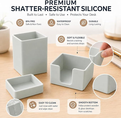 minimaliving Aesthetic Silicone Desk Organizer Set of 3,Modern Office Desk Accessories with Pen Holder,Paperclip Tray,Sticky Note Holder,Stylish Functional Office Desk Decor for Back-to-school(Grey)