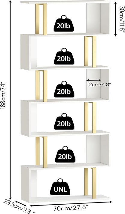 Yusong Geometric Bookcase, S Shaped Bookshelf 6-Tier Book Shelves for Bedroom, Modern Wood Decorative Display Shelf Tall Book Case for Home Office, Gold and White