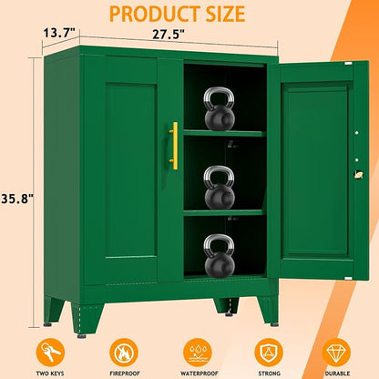 36 Inch Metal Tool Cabinet, 13.8" D x 27.6" W x 35.4" H, Lockable Steel Storage Cabinet with 2 Adjustable Shelves, Heavy-Duty Garage Storage Cabinet for Workshop, Basement, Office, Green