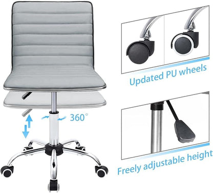 Furmax Vanity Office Desk Chair with Wheels, Armless Small Cute Leather Makeup Computer Task Chair Adjustable Height 360° Swivel (Light Grey)
