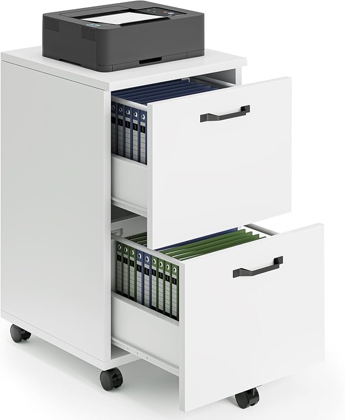 Sweetcrispy 2-Drawer Rolling File Cabinet, Wood Under Desk Storage with Lockable Wheels, Mobile Printer Stand & Home Office Organizer for Documents and Office Supplies, White