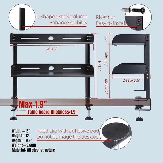 CanKing Desk Clamp Shelf 15 Inch 2 Tier Adjustable Storage Rack | Sturdy metal organizer saves space, fits securely on or under table for office, gaming & cubicle