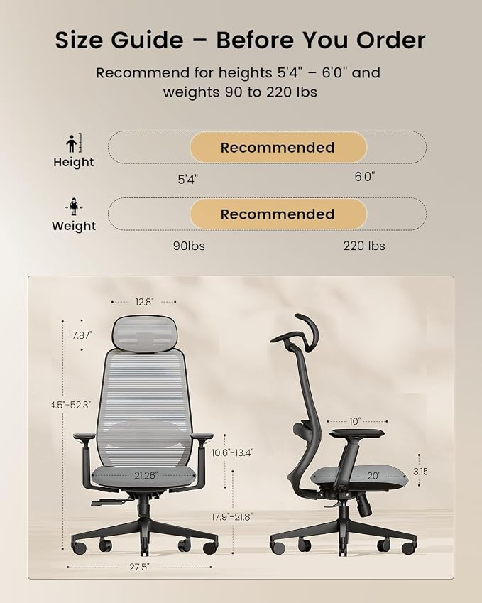 ProtoArc EC200 Ergonomic Office Chair, High-Back Mesh with Lumbar Support & Adjustable Seat Depth – Home Office Ergo Desk Chair Long-Hours Sitting for Remote Workers, Programmers - Grey