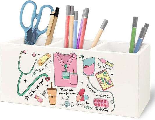 Nurse Gifts Wooden Pen Pencil Holder for Office Desk Accessories, Nurse Appreciation Gifts, Gift for Nurses Nursing Students Makeup Brush Toothbrush Holder Organizer