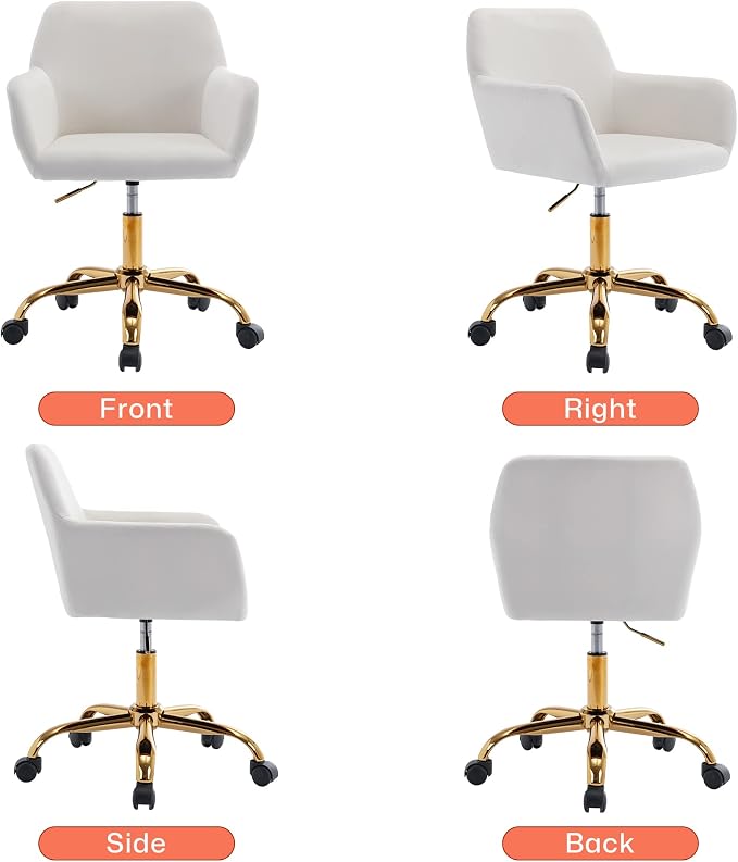 KCC Velvet Office Desk Chair, Comfy Swivel Modern Leisure Armchair with Wheels, Upholstered Comfy Velvet Fabric Makeup Chair Height Adjustable for Teens Women Girls Elegant Home Office, White