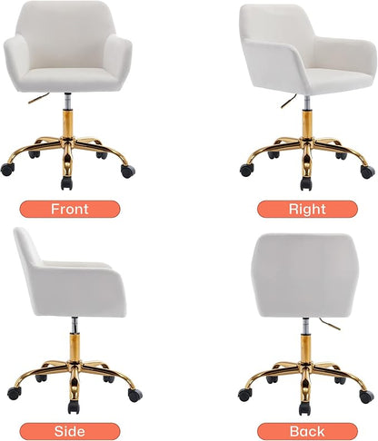KCC Velvet Office Desk Chair, Comfy Swivel Modern Leisure Armchair with Wheels, Upholstered Comfy Velvet Fabric Makeup Chair Height Adjustable for Teens Women Girls Elegant Home Office, White