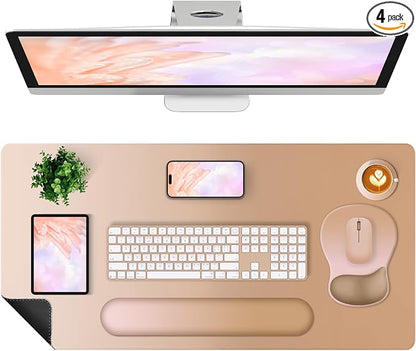 4-in-1 Large Gaming Mouse Pad, Keyboard Wrist Rest Pad & Wrist Support Mousepad Set, Extended Desk Pad Waterproof Desk Mat Protector for Home Office Decor Study Game 35.4×15.7 Inches I Milk Tea Brown
