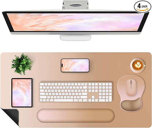 4-in-1 Large Gaming Mouse Pad, Keyboard Wrist Rest Pad & Wrist Support Mousepad Set, Extended Desk Pad Waterproof Desk Mat Protector for Home Office Decor Study Game 35.4×15.7 Inches I Milk Tea Brown
