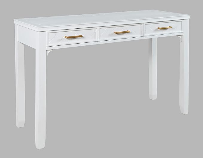Jofran Mid-Century Modern Acacia Wood Writing Desk with 3 Drawers and USB Charging Port, 48 Inch Computer Desk for Home Office Work, Blanc