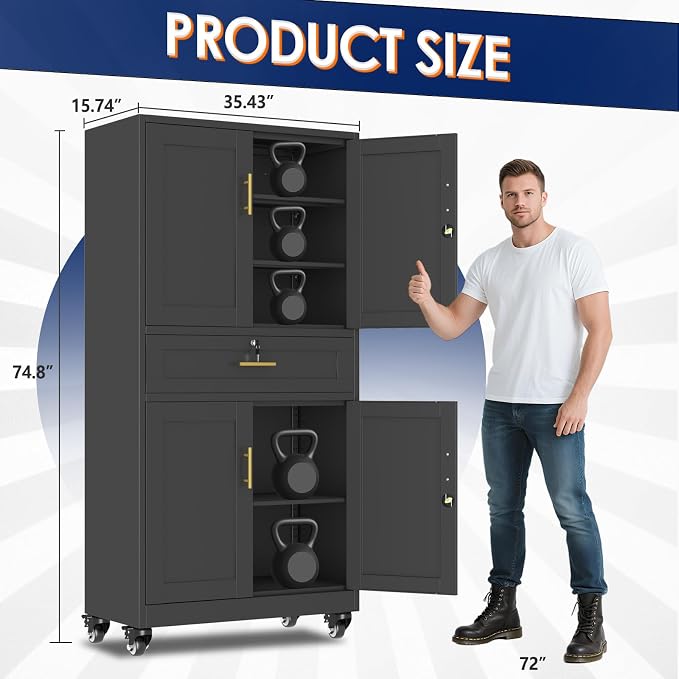 erosoei 75" H Metal Garage Storage Cabinet, Rolling Tool Cabinet with 2 Doors and Wheels, Locker Steel Cabinet with 4 Adjustable Shelves and Drawer, Organization Cabinet for Garage,Office,Home,Gym