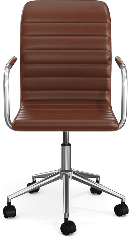 Martha Stewart Taytum Swivel Task Chair with Armrests for Home Office in Saddle Brown Faux Leather with Polished Nickel Frame