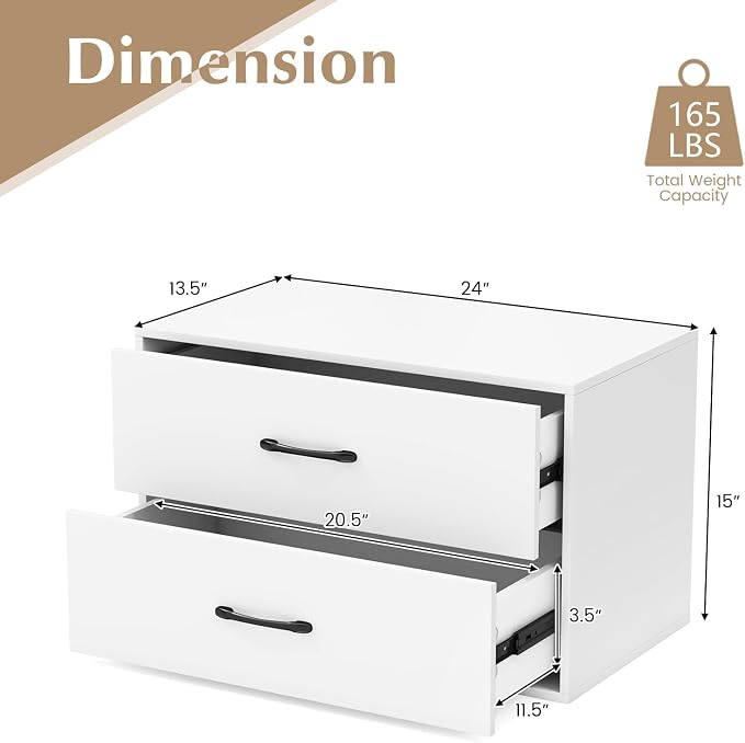 2 Drawer Lateral File Cabinet, Stackable Home Office Drawers, Under Desk Printer Stand, Low Storage Organizer, Horizontal Wooden Filing Cabinet for Study Living Room, No Wheels (1, White)