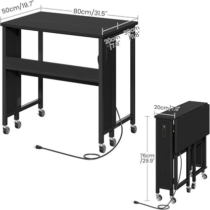 CHOEZON Folding Desk with Power Outlets, 31.5" Rolling Computer Table with Wheels, Portable Office Desk with Storage Shelf for Small Spaces Black TDN01UBB