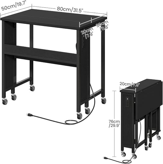 CHOEZON Folding Desk with Power Outlets, 31.5" Rolling Computer Table with Wheels, Portable Office Desk with Storage Shelf for Small Spaces Black TDN01UBB