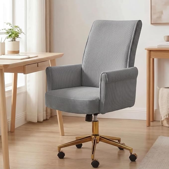 Stripes Velvet Home Office Desk Chair, Accent Upholstered Modern Height Adjustable Swivel Chair with Wheels,Ergonomic Task Chair for Living Room,Bedroom,Vanity,Study,Office（Gray）