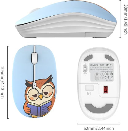 FMOUSE Cute Cartoon Wireless Mouse, 2.4G Bluetooth Dual Mode, AA Battery Powered, Silent Ergonomic Mice for Kids Students Office Workers Laptop PC Mac iPad (Sleepy Book Owl)