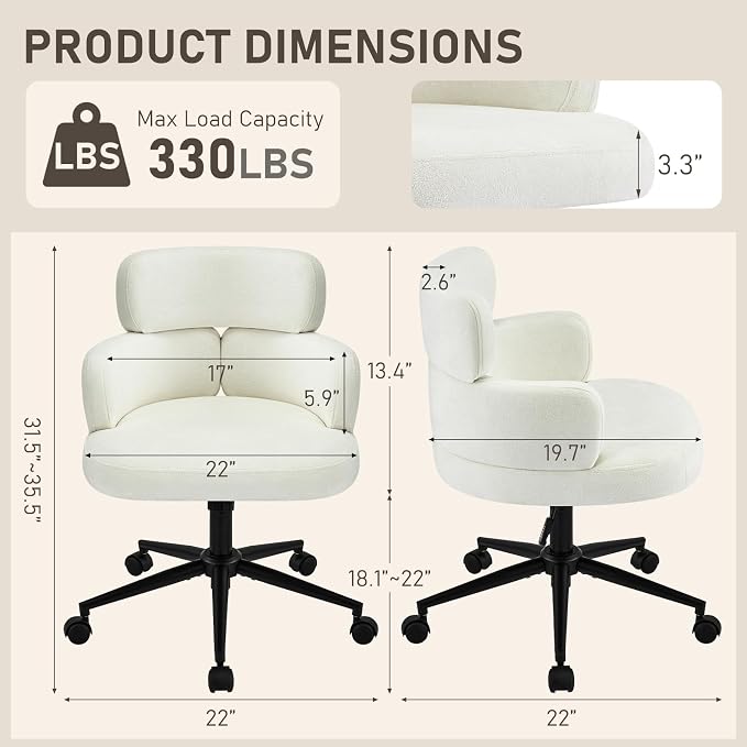 Home Office Chair with Unique Curved Back, Wide Seat Computer Desk Chair with Wheels,Swivel Tilt & Height Adjustable, Plush Chenille Fabric Matel Base for Home Office, Beige