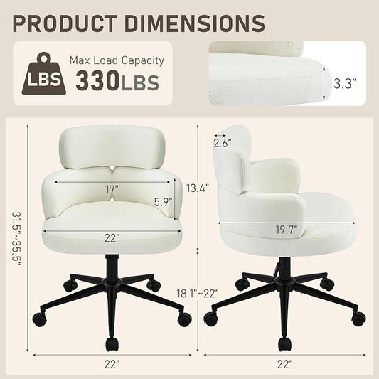 Home Office Chair with Unique Curved Back, Wide Seat Computer Desk Chair with Wheels,Swivel Tilt & Height Adjustable, Plush Chenille Fabric Matel Base for Home Office, Beige