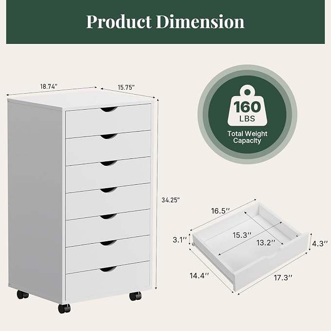 Mobile File Cabinet Under Desk, 7 Drawer Storage Organization with Wheels, Vertical Filing Chest Rolling Wood Small Desk Printer Stand for Home Office, 15.75" D x 18.74" W x 34.25" H