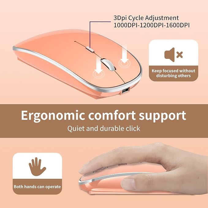 Halpilt Wireless Mouse Chargeable Portable Silent USB-A and USB-C Dual Mode Wireless Mouse 3 Adjustable DPI for Laptop, Mac, Android, PC (Q23S Orange)