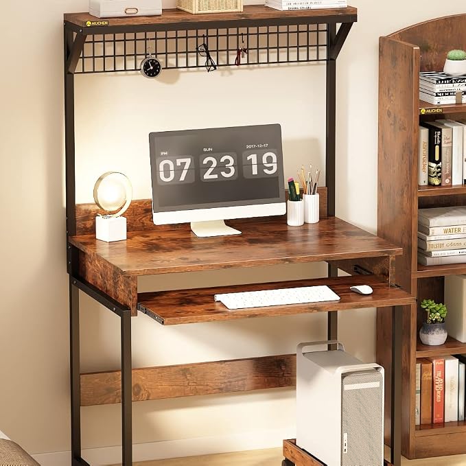 Computer Desk with Hutch and Storage Shelf，31.5 Inch Desk with Keyboard Tray, Office Study Table Writing Desk Workstation Bookshelf for Home Office, Brown