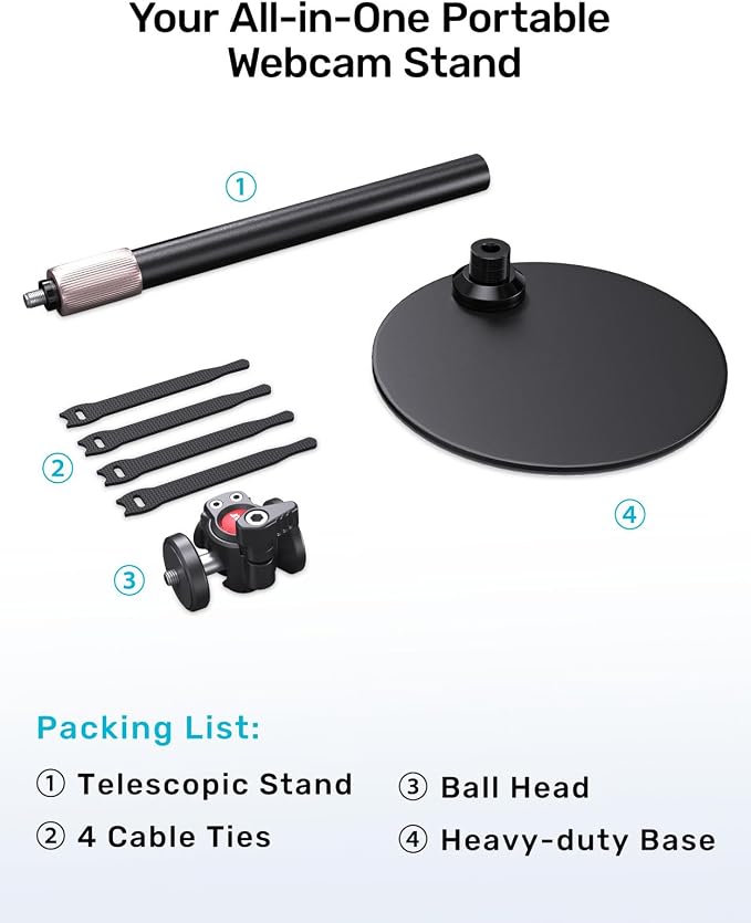 Webcam Tripod Stand for Desk, Newly Upgraded Small Base & 360° Ballhead & Height Adjustable, Ideal for Logitech Webcam C922 C930e C920 C615 C960 BRIO 4K NexiGo N60, Phone Holder with 1/4" Thread