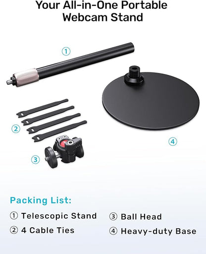 Webcam Tripod Stand for Desk, Newly Upgraded Small Base & 360° Ballhead & Height Adjustable, Ideal for Logitech Webcam C922 C930e C920 C615 C960 BRIO 4K NexiGo N60, Phone Holder with 1/4" Thread