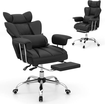 Giantex Office Desk Chair, Big and Tall Executive Office Chair with Foot Rest and Lumbar Support, High Back Leather Swivel Computer Task Chair, Large Ergonomic Reclining Home Office Chair, Black