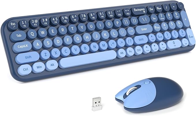MOFII Wireless Keyboard and Mouse Combo, Compact Typewriter Retro Round Computer Keyboard and Mouse Set, Plug and Play, for Windows, Computer, Desktop, PC, Notebook - (Sea Blue Gradient)