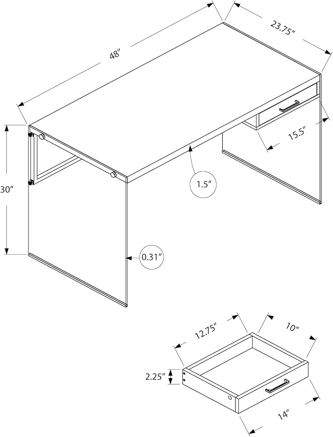 Monarch Specialties Computer Desk - Contemporary Writing Desk with Drawer - Tempered Glass Legs - 48"L (Grey Reclaimed Wood Look)