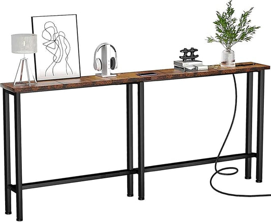 Keelian 70" Narrow Console Sofa Table - Power Outlets & 2 USB Ports, Metal Frame, Rustic Brown, Perfect for Hallway, Office, and Behind Sofa - Easy Assembly, 4.9' Extension Cord Included