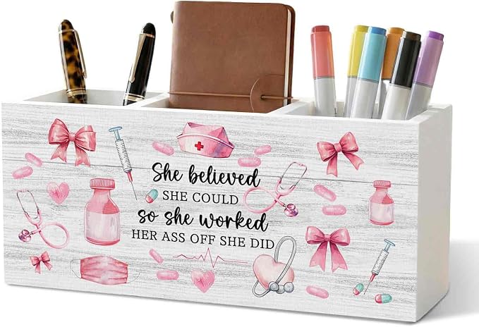 Pink Nurse Office Pencil Pen Holder for Desk Organizer, Nurse Appreciation Gifts, Nursing Week Gifts, Nurses Gift for Women Wooden Box Decorations for Office Desk Tabletop Decor