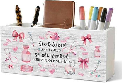 Pink Nurse Office Pencil Pen Holder for Desk Organizer, Nurse Appreciation Gifts, Nursing Week Gifts, Nurses Gift for Women Wooden Box Decorations for Office Desk Tabletop Decor