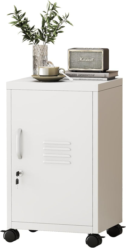 pozdeg 24.4" H Metal Storage Locker with Wheels, Single Door Lockable Steel File Cabinet with Adjustable Shelf, Anti-Theft Locker for Home, Office, School, Gym Organizer, White