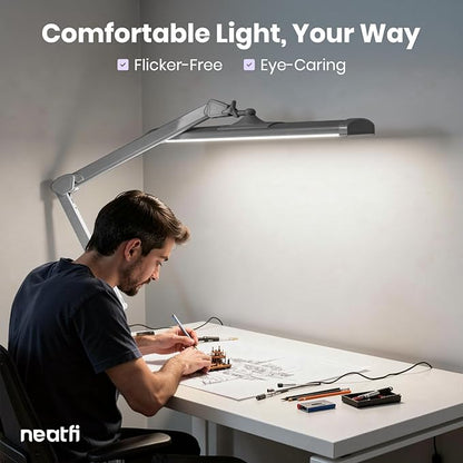 Neatfi 3,500 Lumens LED Desk Lamp – 45W Dimmable Task Light | 3 Light Modes | 540 SMD LEDs | Touch Control | Adjustable Arm | Reading, Craft, Workbench & Office (Silver-3, 26-Inch Wide Shade)