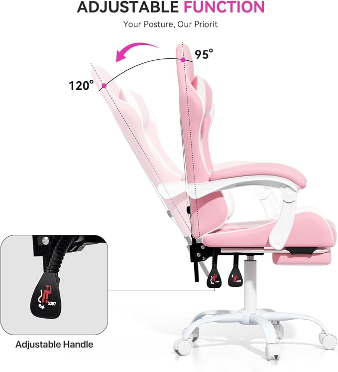 Gaming Chair, Ergonomic Computer Chairs with Arms, Lumbar Support, Footrest, Headrest 360°Swivel Chair, Adjustable Back and Height, Leather PC Chairs for Gaming, Study, Office, Pink