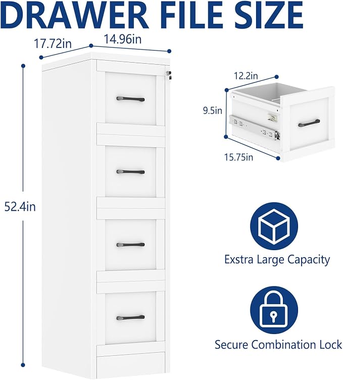 Ckzbx 4 Drawer File Cabinet with Lock, Narrow Vertical Filing Cabinet, Under Desk File Cabinets,White Metal File Cabinets for Home Office,Fit Letter/A4/Legal Size File
