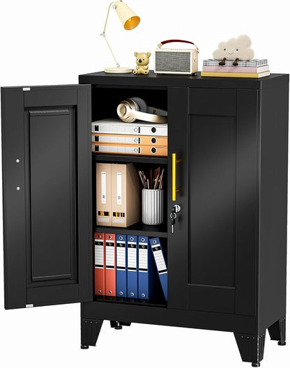 pozdeg 35.43" Lockable Metal Storage Cabinet, Steel Locker File Cabinet with 2 Doors ＆ 2 Adjustable Shelves, Multi-Purpose Organizer for Home, Office File Storage & Garage Locker (Black)