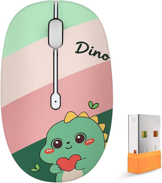 FMOUSE Cute Wireless Mouse, Bluetooth & 2.4GHz Dual Mode with USB Receiver, Silent Click, AA Battery Powered, for Kids Students Teen Girls, Compatible with Laptop Mac iPad PC (Cute Dino)